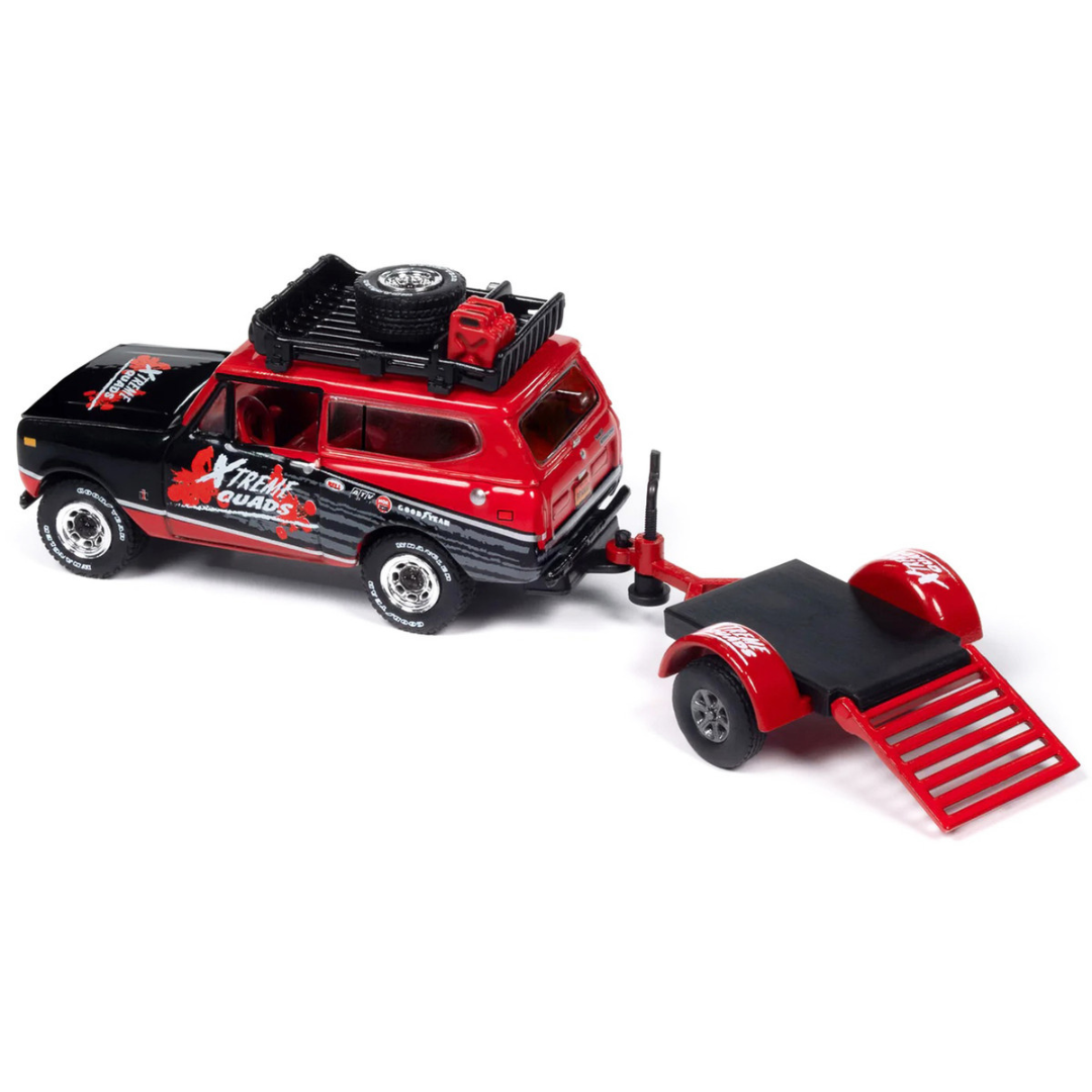 1979 International Scout II Red and Black "Xtreme Quads" with Open Utility Trailer "Tow & Go" Series 1/64 Diecast Model Car