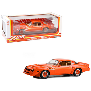 1980-chevrolet-camaro-z28-hugger-red-orange-with-stripes-1-18-diecast-model-car