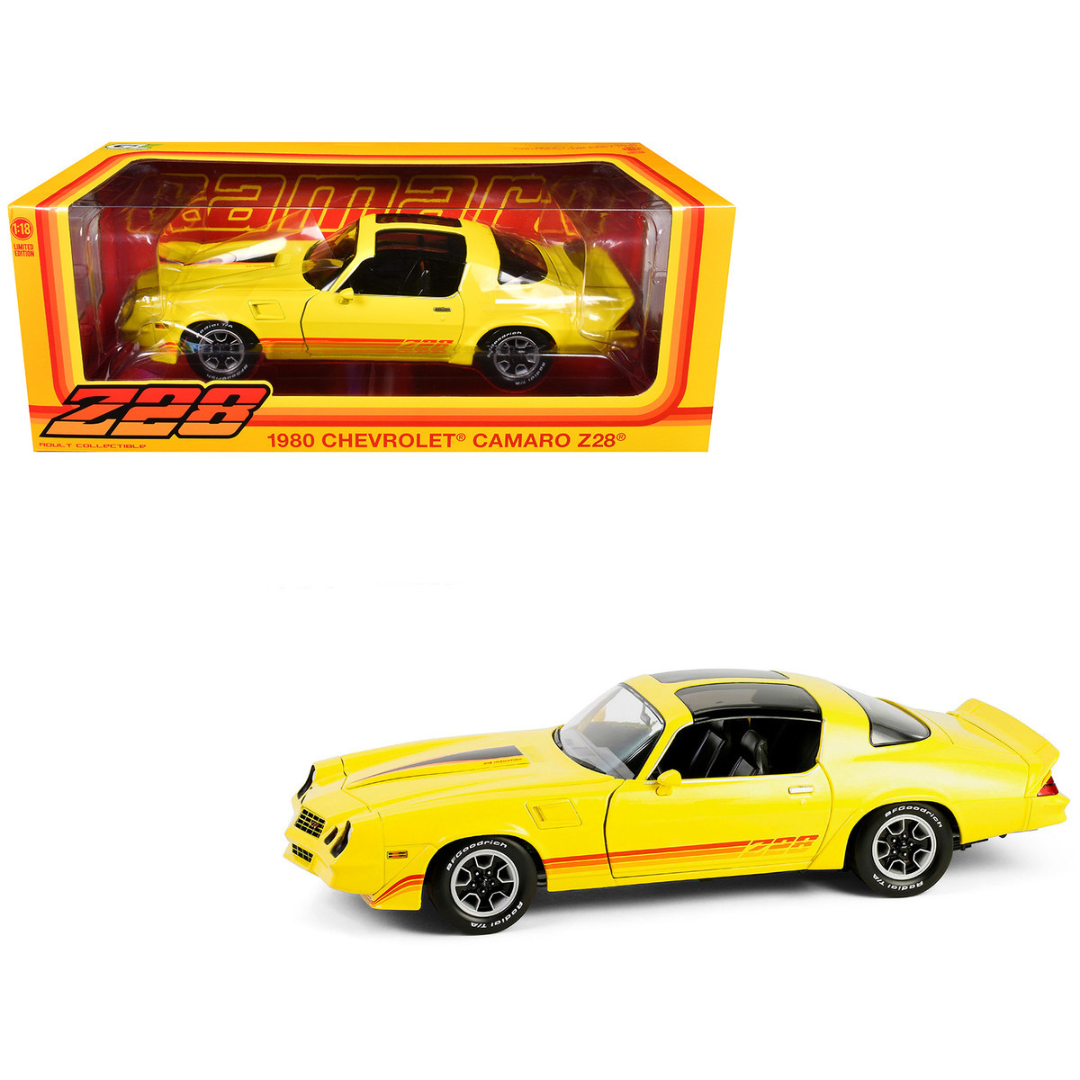 1980 Chevrolet Camaro Z28 with T-Tops Bright Yellow with Stripes 1/18 Diecast Model Car