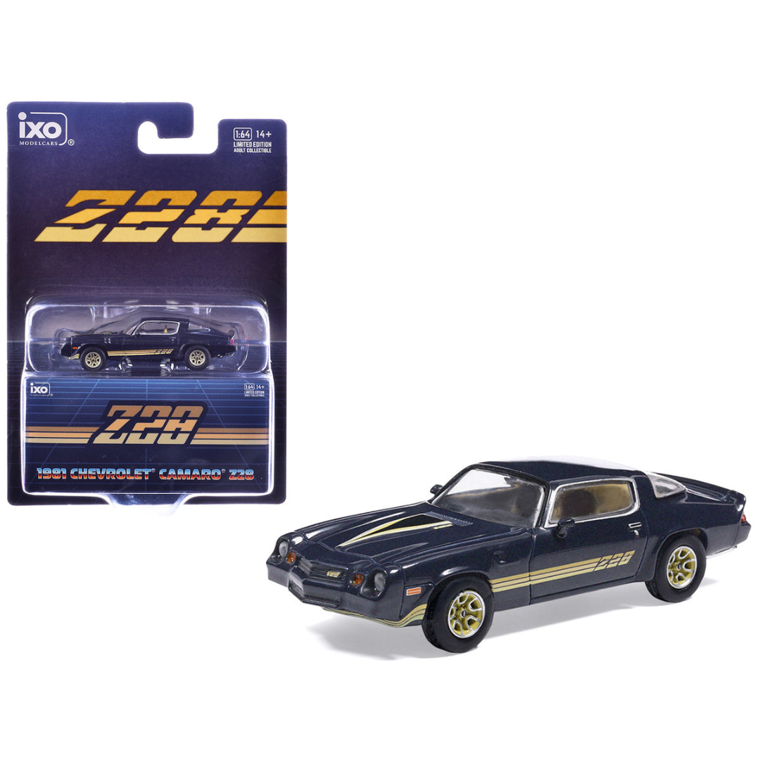 1981 Chevrolet Camaro Z28 Dark Blue Metallic with Gold Stripes and Interior 1/64 Diecast Model Car