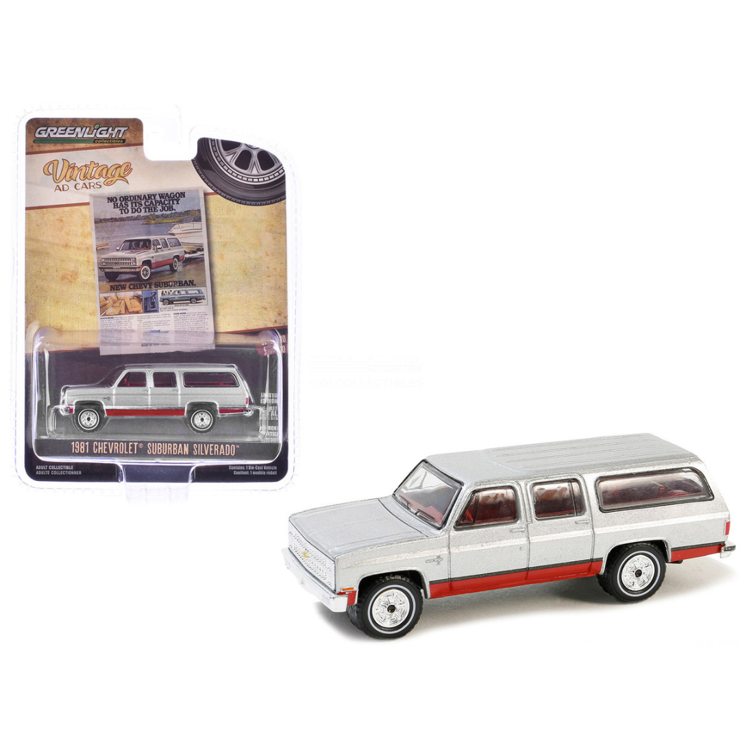 1981 Chevrolet Suburban Silver Metallic and Red "Vintage Ad Cars" Series 10 1/64 Diecast Model Car