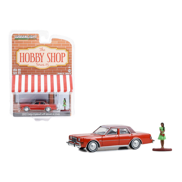 1983-dodge-diplomat-red-with-brown-top-and-woman-in-dress-figure-the-hobby-shop-series-15-1-64-diecast-model-car-by-greenlight