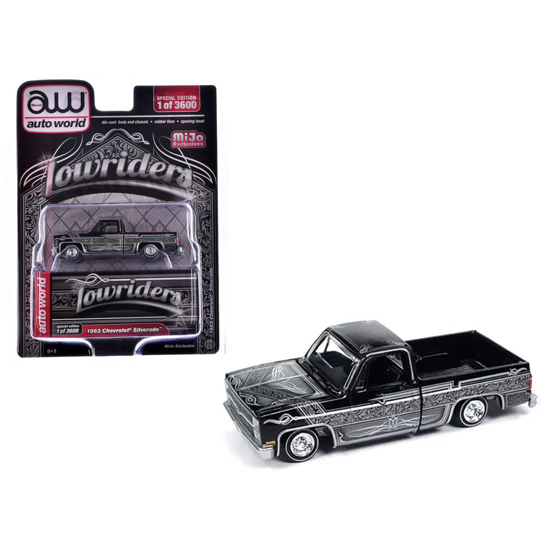 1983 Chevrolet Silverado Pickup Truck Black with Silver Graphics "Lowriders" Series Limited Edition 1/64 Diecast Model Car