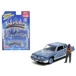 1984 Oldsmobile Cutlass Lowrider Blue Metallic with Graphics and Blue Interior and Diecast Figure Limited Edition to 3600 pieces Worldwide 1/64 Diecast Model Car by Johnny Lightning