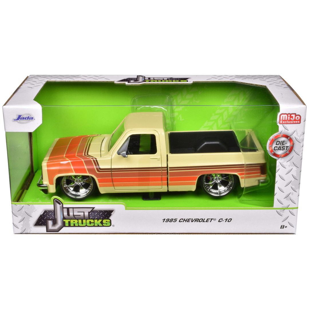 1985 Chevrolet C-10 Pickup Truck Beige with Stripes and Cartelli Wheels "Just Trucks" Series 1/24 Diecast Model Car