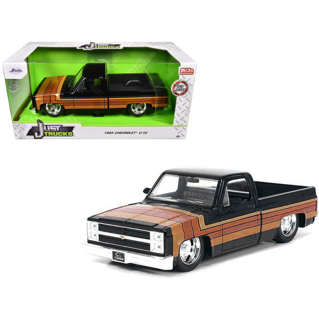 1985 Chevrolet C-10 Pickup Truck Black with Stripes and GM Rally Wheels "Just Trucks" Series 1/24 Diecast Model Car