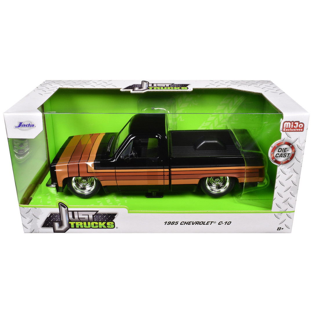 1985 Chevrolet C-10 Pickup Truck Black with Stripes and GM Rally Wheels "Just Trucks" Series 1/24 Diecast Model Car