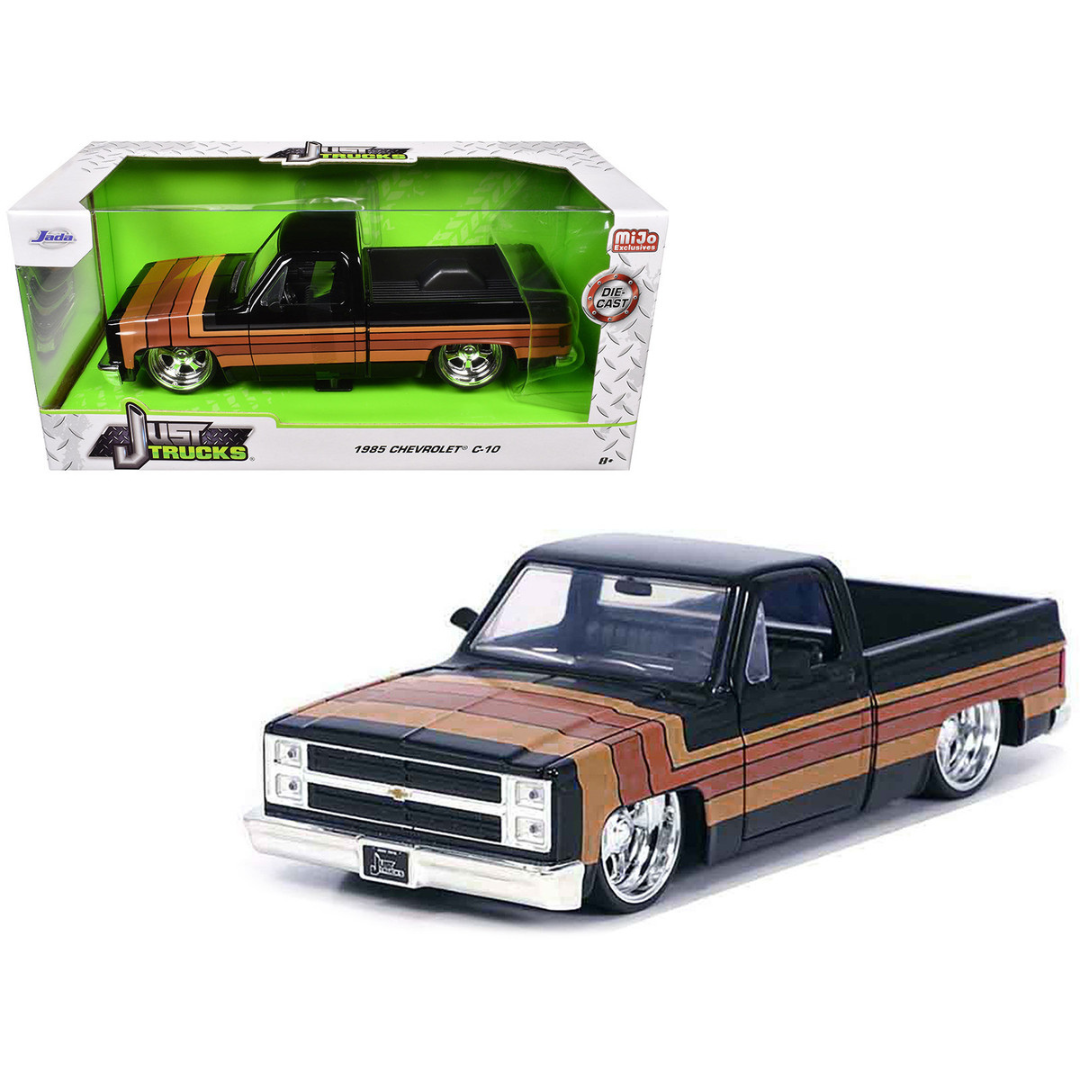 1985 Chevrolet C-10 Pickup Truck Black with Stripes and Paradox Wheels "Just Trucks" Series 1/24 Diecast Model Car