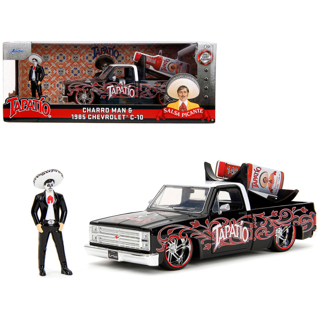 1985 Chevrolet C-10 Pickup Truck Black with White Top and Graphics with Charro Man Diecast Figure "Tapatio" 1/24 Diecast Model Car