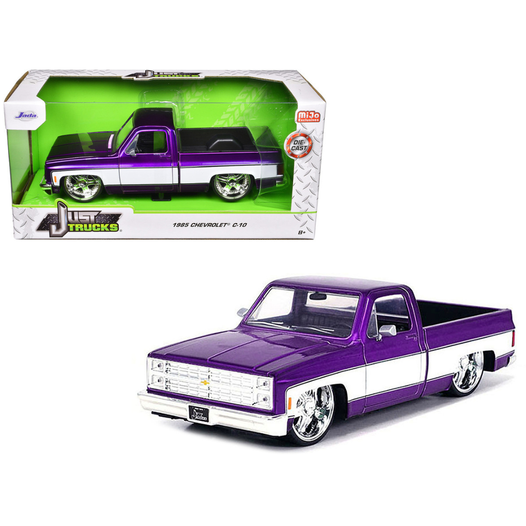 1985 Chevrolet C-10 Pickup Truck Purple Metallic and White with Lorenzo Wheels "Just Trucks" Series 1/24 Diecast Model Car