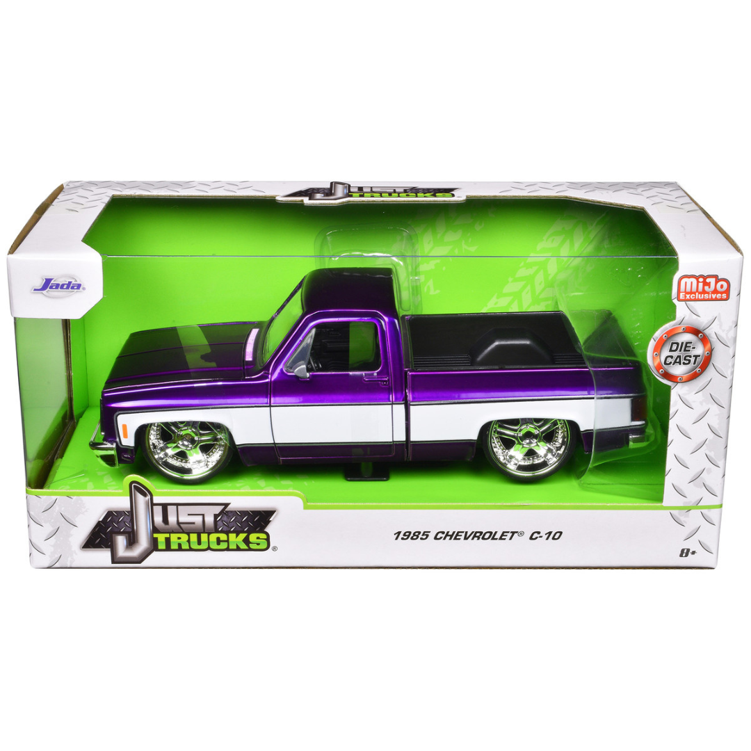 1985 Chevrolet C-10 Pickup Truck Purple Metallic and White with Lorenzo Wheels "Just Trucks" Series 1/24 Diecast Model Car