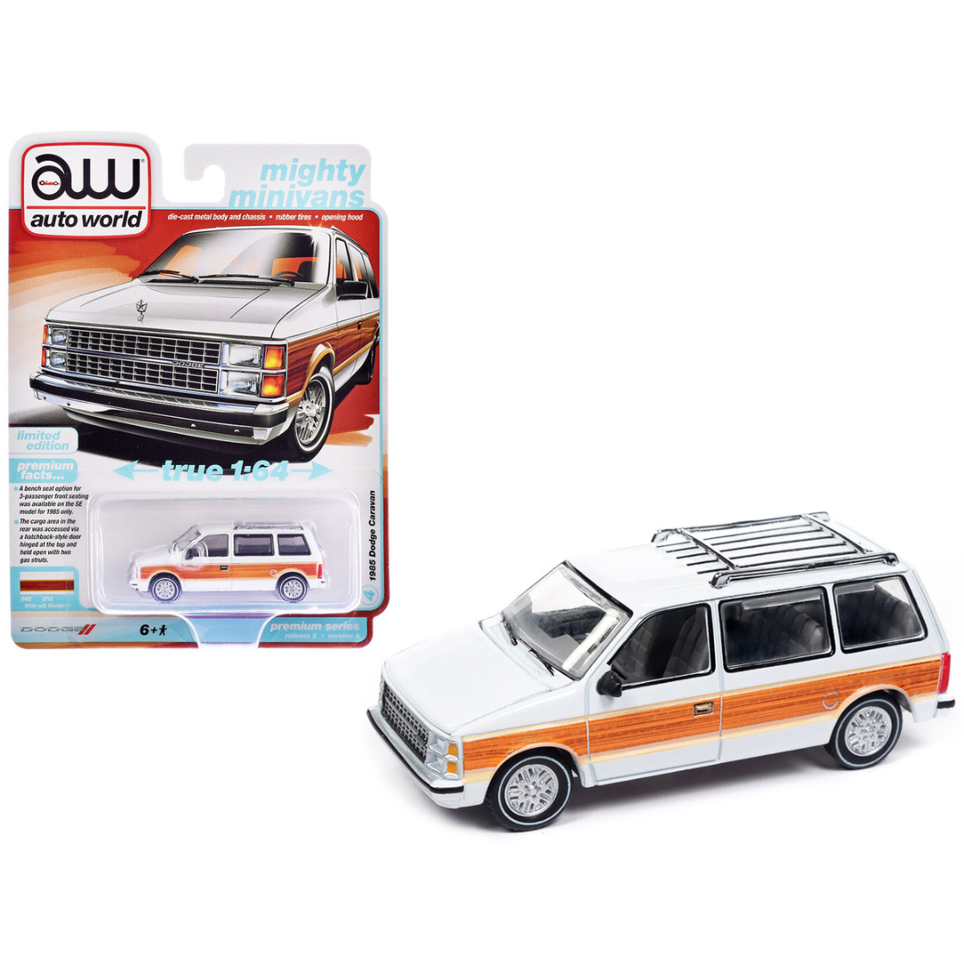 1985 Dodge Caravan Van White with Woodgrain Side Panels "Mighty Minivans" Series 1/64 Diecast Model Car