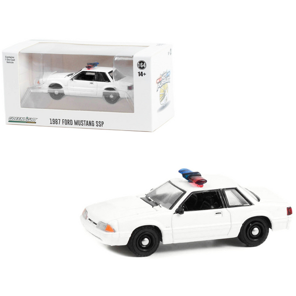 1987-1993-ford-mustang-ssp-white-police-car-with-light-bar-hot-pursuit-1-64-diecast