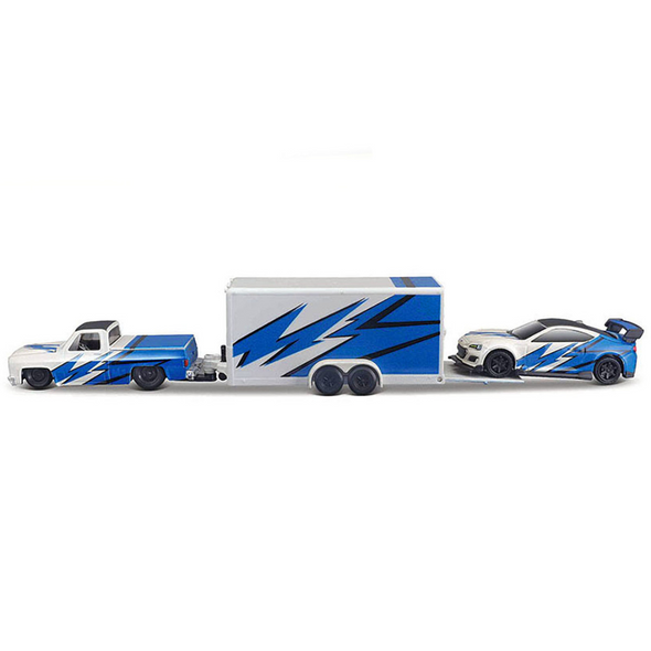 1987 Chevrolet 1500 Pickup Truck and 2019 Subaru BRZ with Car Trailer 1/64 Diecast