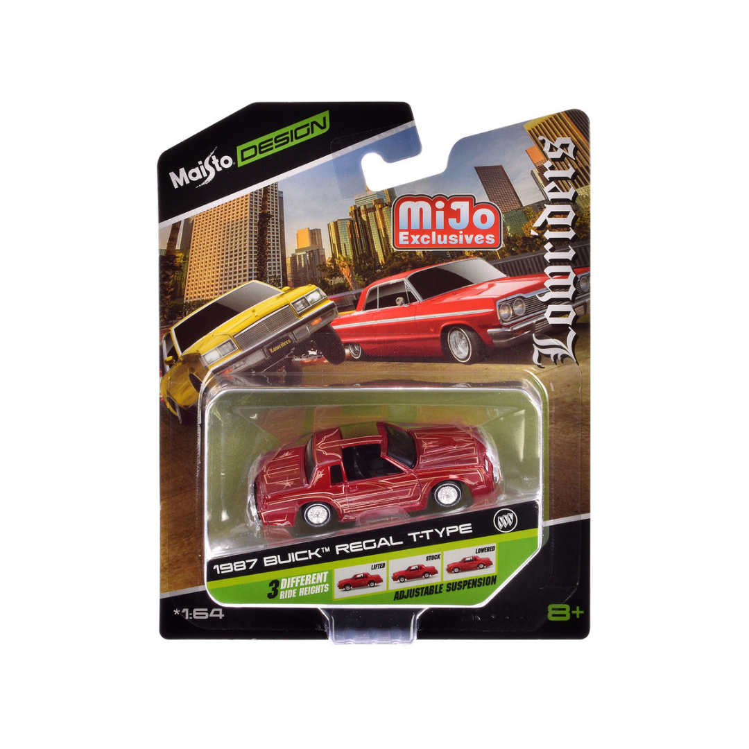 1987-buick-regal-t-type-lowrider-red-metallic-with-graphics-lowriders-maisto-design-series-1-64-diecast-model-car