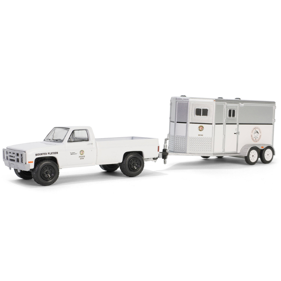 1987 Chevrolet C20 Pickup Truck White "LAPD (Los Angeles Police Department) Search & Rescue Mounted Platoon" with Horse Trailer "Hitch & Tow Series" 31 1/64 Diecast Model Car