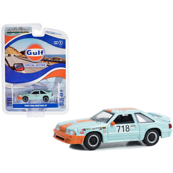 1989 Ford Mustang GT #718 Light Blue with Orange Stripe "Gulf Oil" 1/64 Diecast