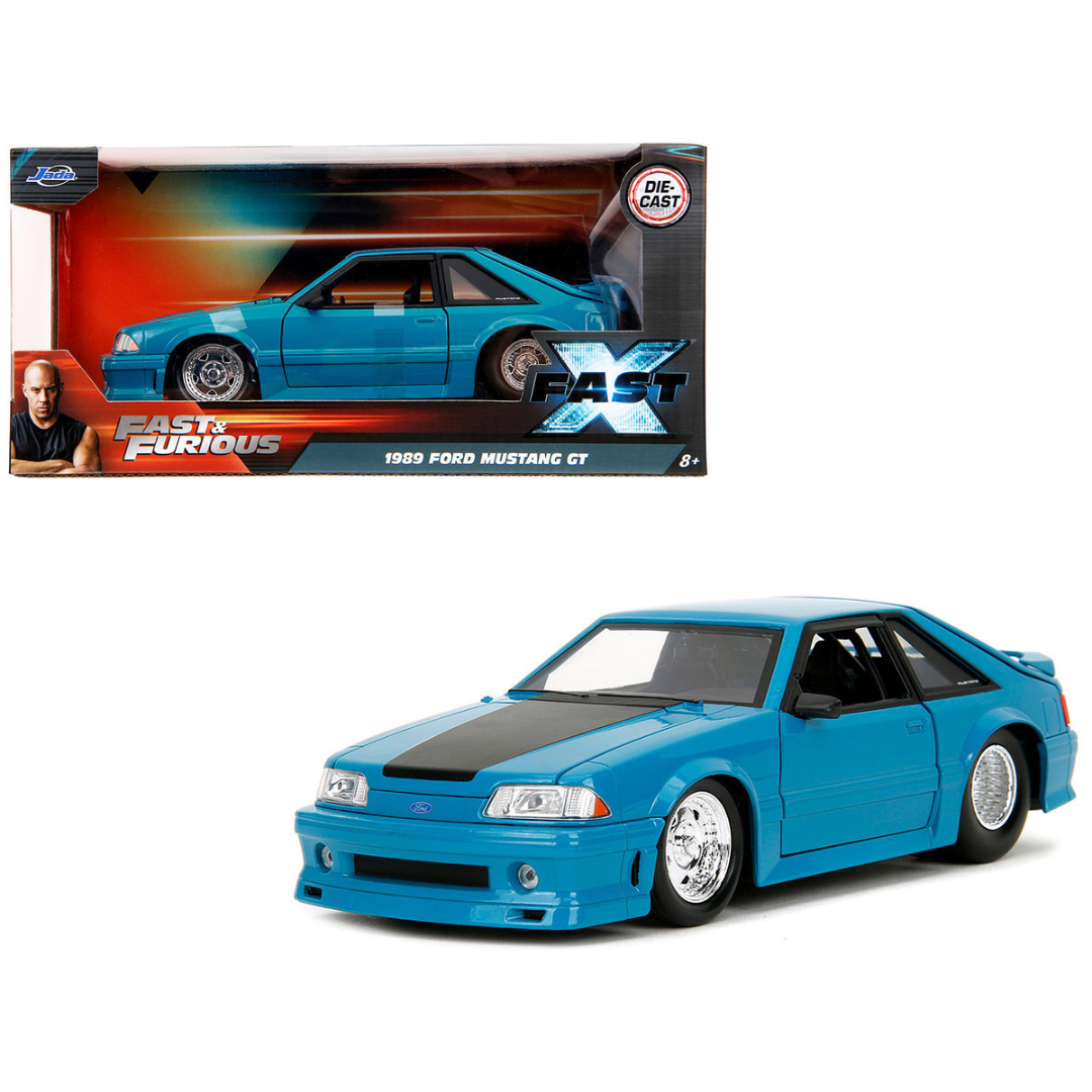 1989-ford-mustang-gt-blue-with-black-hood-stripes-fast-furious-series-1-24-diecast-model-car