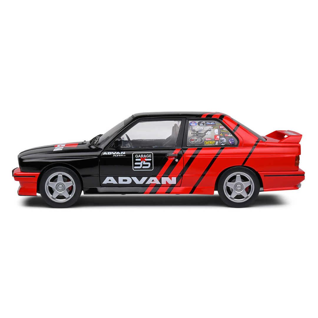 1990-bmw-e30-m3-black-and-red-with-graphics-advan-drift-team-competition-series-1-18-diecast-model-car-by-solido