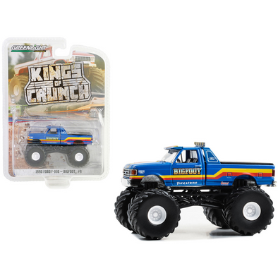 1990 Ford F-350 Monster Truck Blue with Red and Yellow Stripes "Bigfoot #9" "Kings of Crunch" 1/64 Diecast Model Car