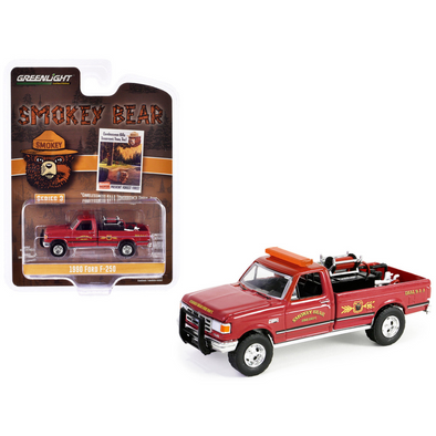 1990 Ford F-250 Pickup Truck with Fire Equipment Hose and Tank Red "Carelessness Kills Tomorrow's Trees Too! Prevent Forest Fires!" "Smokey Bear" Series 3 1/64 Diecast Model Car