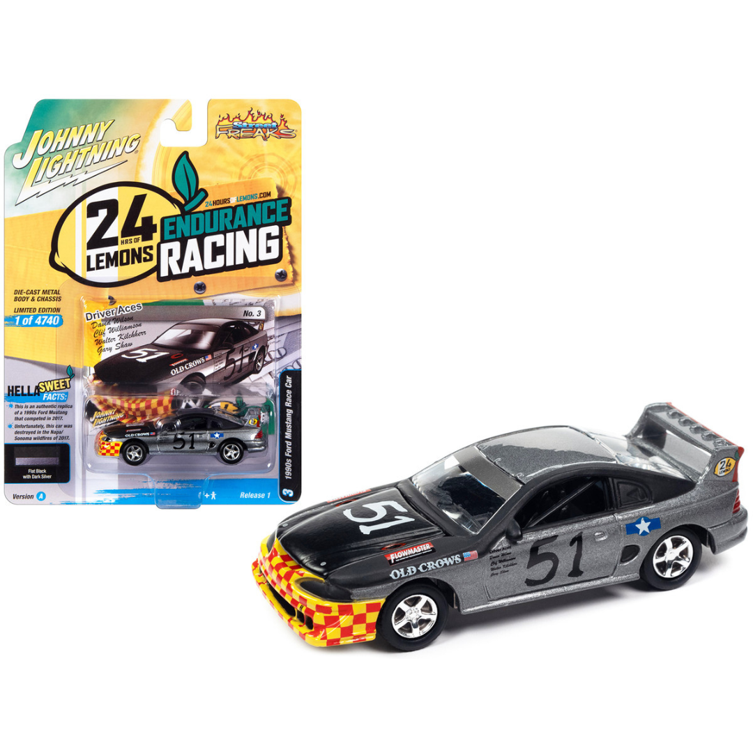 1990s-ford-mustang-race-car-51-black-and-dark-silver-metallic-old-crows-1-64-diecast