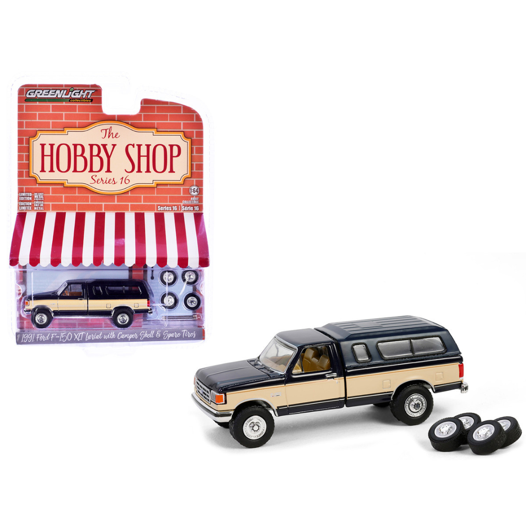 1991 Ford F-150 XLT Lariat Pickup Truck with Camper Shell Deep Shadow Blue and Tan with Spare Tires "The Hobby Shop" Series 16 1/64 Diecast Model Car