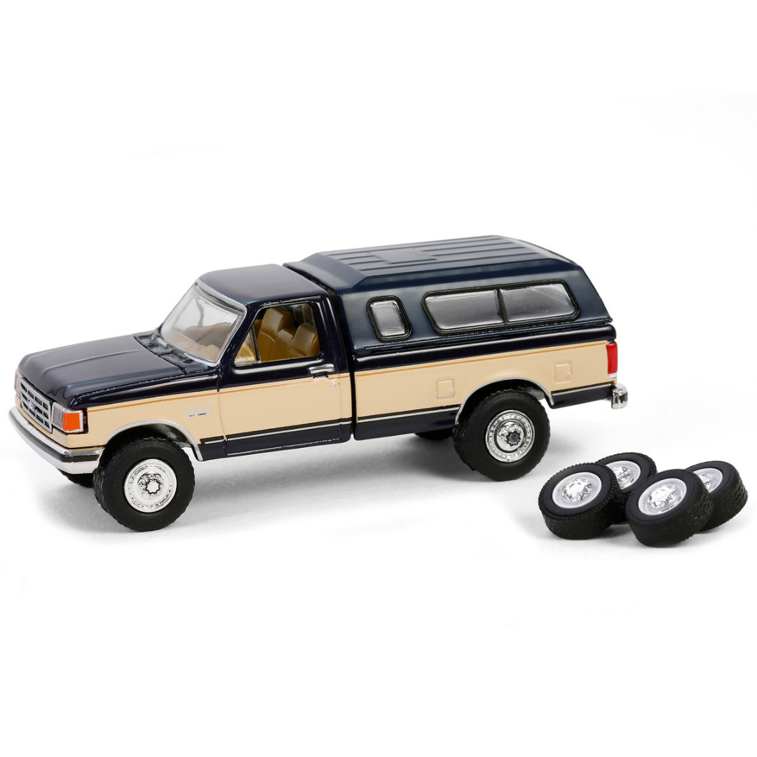 1991 Ford F-150 XLT Lariat Pickup Truck with Camper Shell Deep Shadow Blue and Tan with Spare Tires "The Hobby Shop" Series 16 1/64 Diecast Model Car