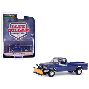 1991 Ford F-250 XL 4X4 Pickup Truck with Snow Plow Deep Shadow Blue Metallic "Blue Collar Collection" Series 13 1/64 Diecast Model Car