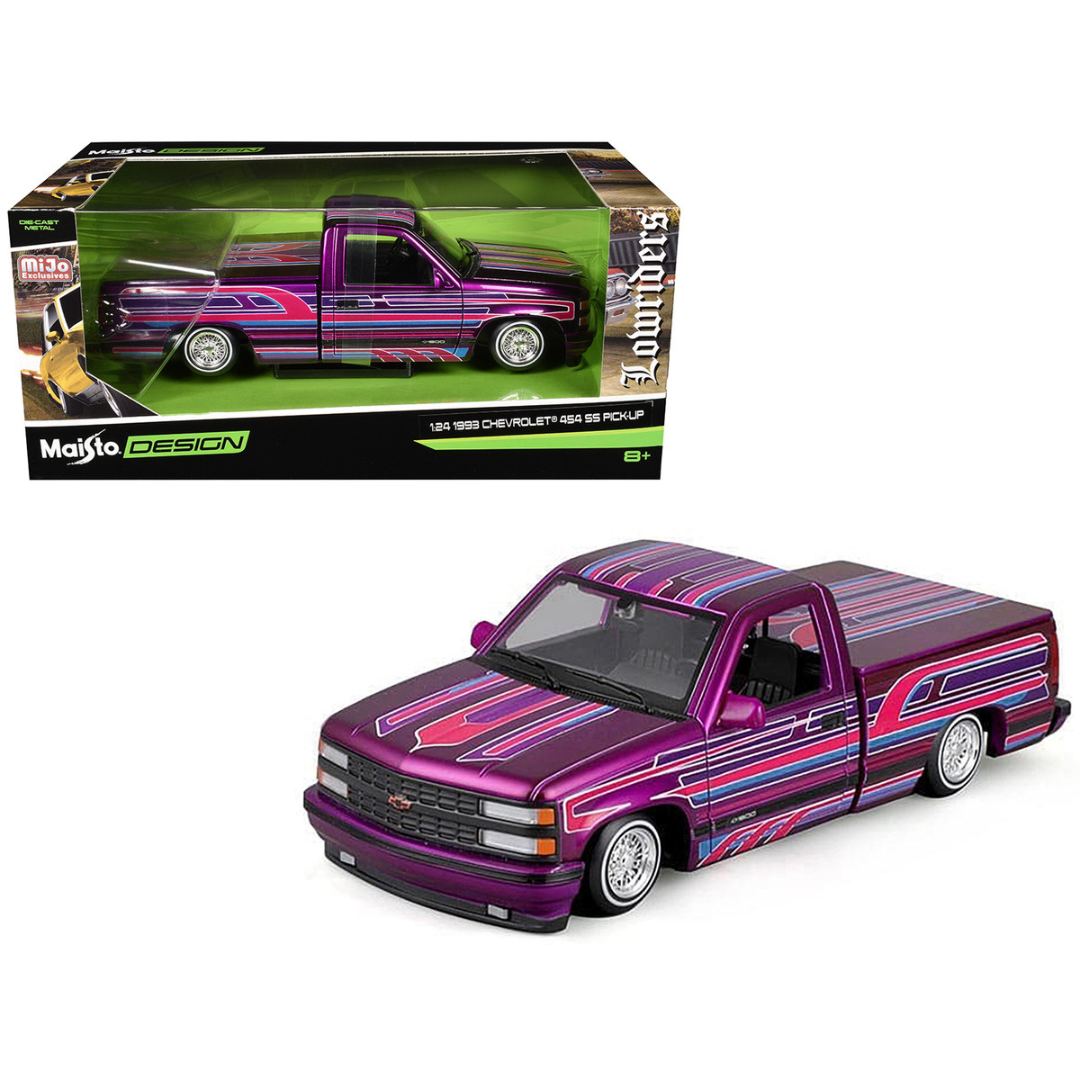 1993 Chevrolet 454 SS Pickup Truck Purple Metallic with Graphics "Lowriders" "Maisto Design" Series 1/24 Diecast Model Car