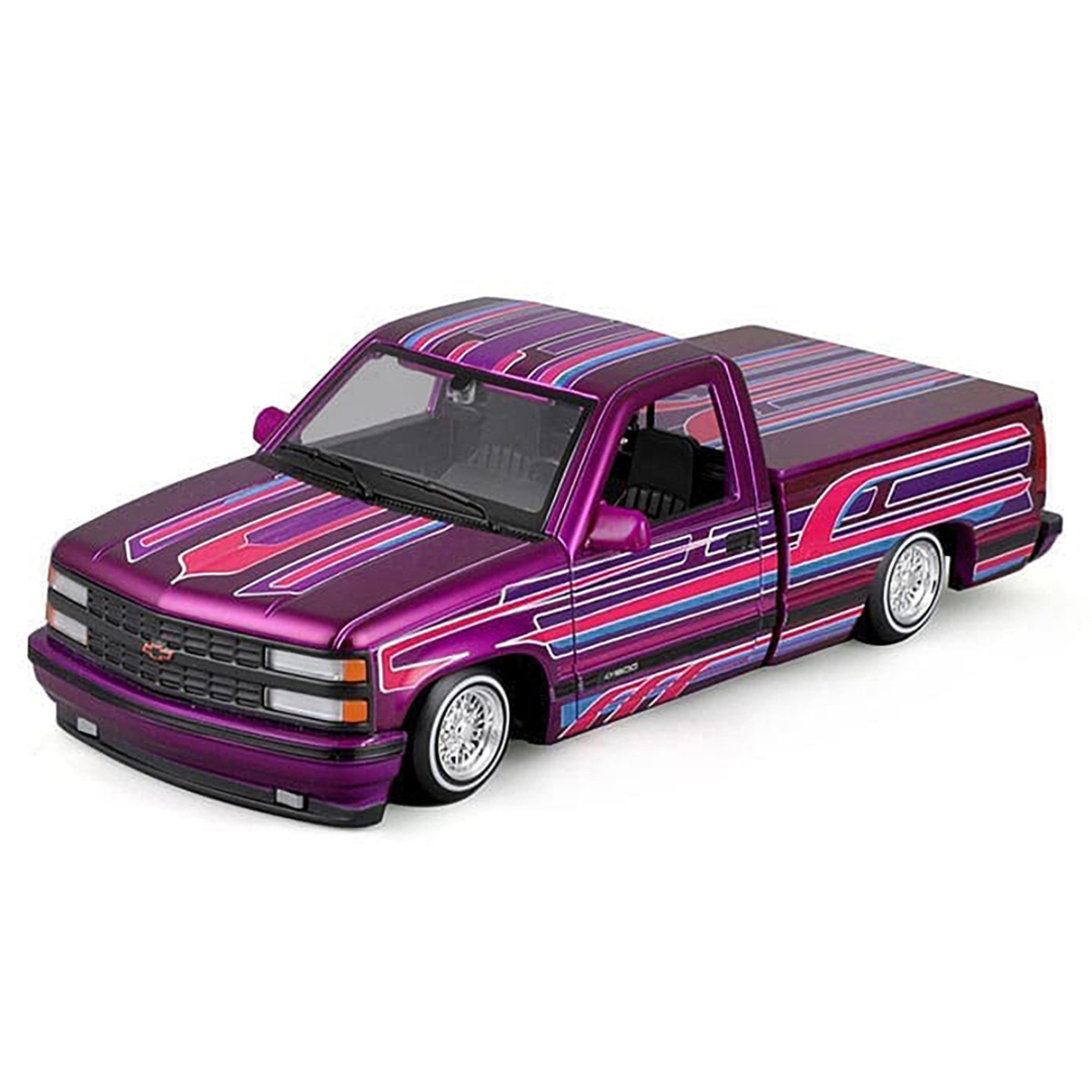 1993 Chevrolet 454 SS Pickup Truck Purple Metallic with Graphics "Lowriders" "Maisto Design" Series 1/24 Diecast Model Car