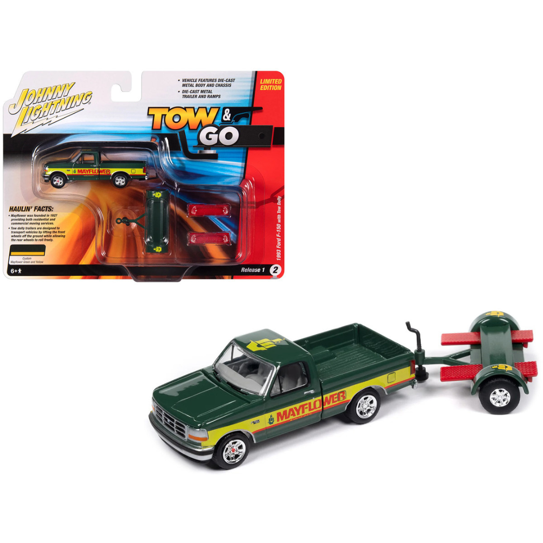 1993 Ford F-150 Pickup Truck Green and Yellow "Mayflower" with Tow Dolly "Tow & Go" Series 1/64 Diecast Model Car