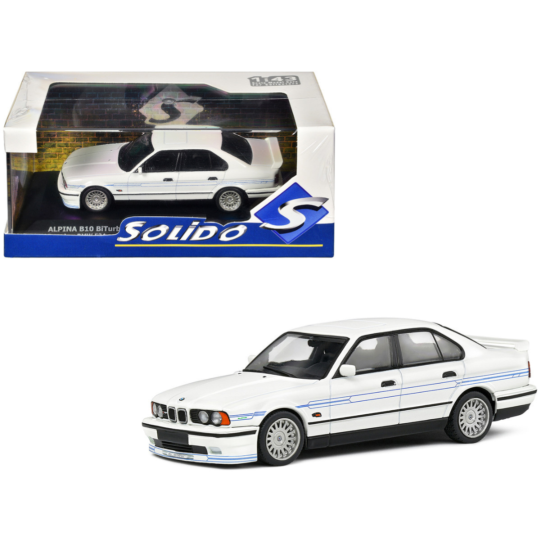 1994 BMW E34 Alpina B10 BiTurbo White with Blue Stripes 1/43 Diecast Model Car