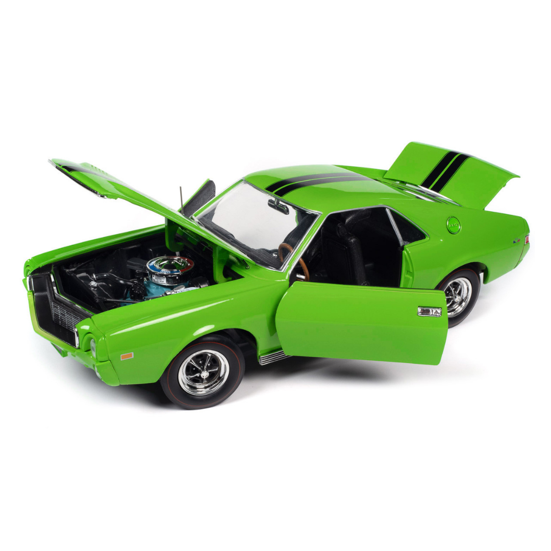 1969-amc-amx-big-bad-lime-green-with-black-stripes-muscle-car-corvette-nationals-mcacn-american-muscle-series-1-18-diecast-model-car-by-auto-world