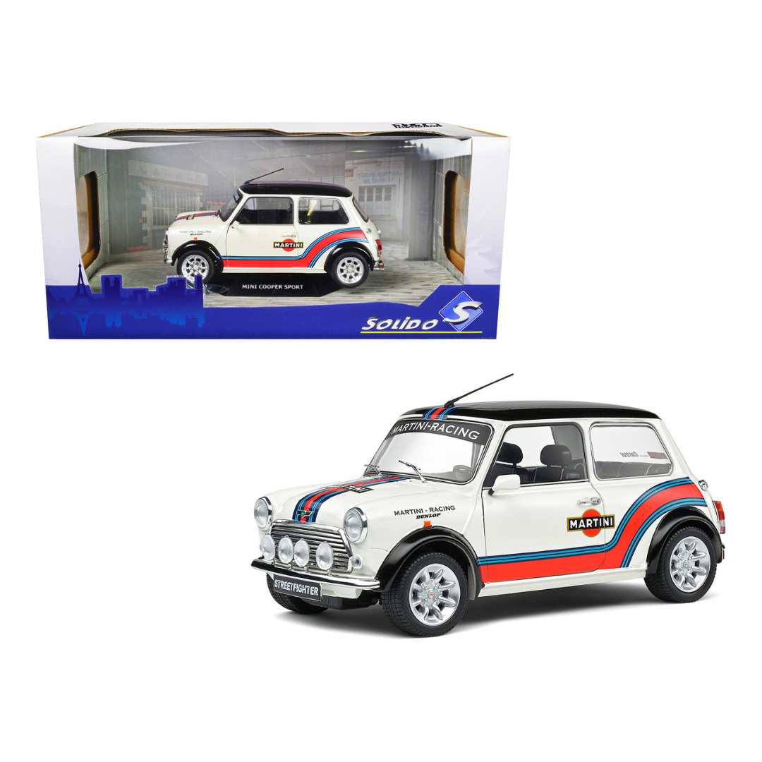 1998-mini-cooper-sport-white-metallic-with-black-top-and-stripes-martini-racing-1-18-diecast-model-car-by-solido