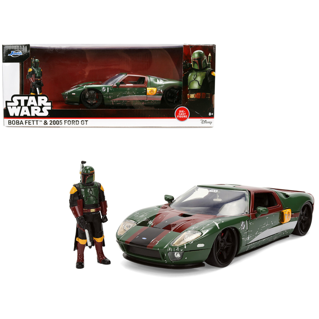 2005 Ford GT Green (Weathered) with Graphics and Boba Fett Figure "Star Wars" Franchise "Hollywood Rides" Series 1/24 Diecast Model Car