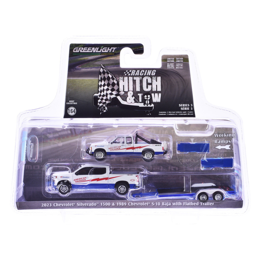 2023 Chevrolet Silverado 1500 Pickup Truck White and 1989 Chevrolet S-10 Baja Pickup Truck White with Flatbed Trailer "American Thunder" "Racing Hitch & Tow" Series 5 1/64 Diecast Model Car