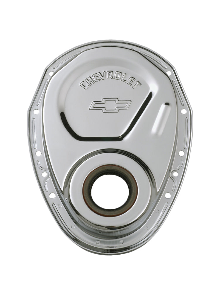 Small-Block-Chrome-Timing-Chain-Cover---Chevrolet-&-Bowtie-Embossed-204278-Corvette-Store-Online