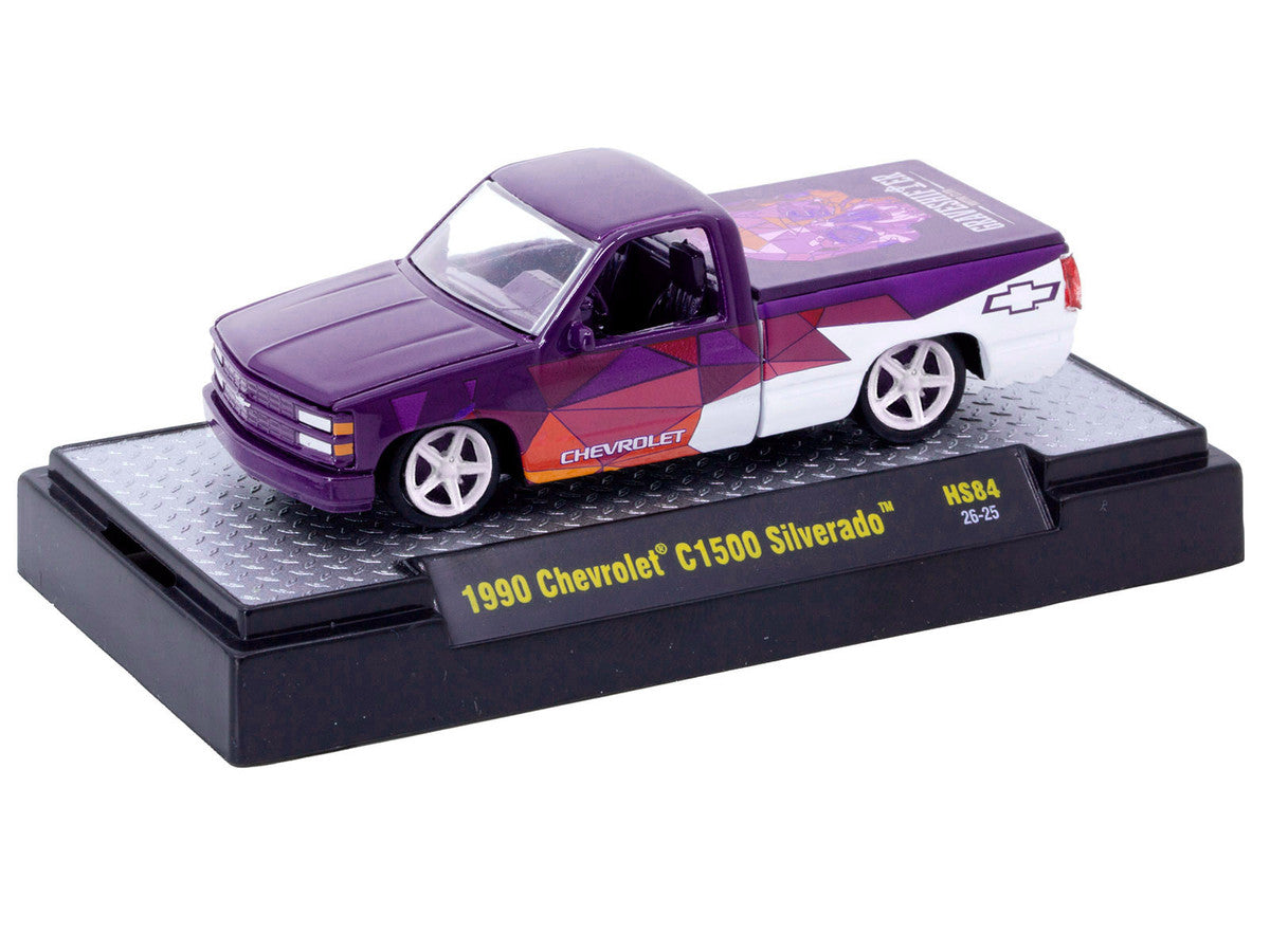 1990 Chevrolet C1500 Silverado Pickup Truck "Graveshifter Motor Club" Purple with Graphics and 3D Glasses Limited Edition to 18018 pieces Worldwide 1/64 Diecast Model Car