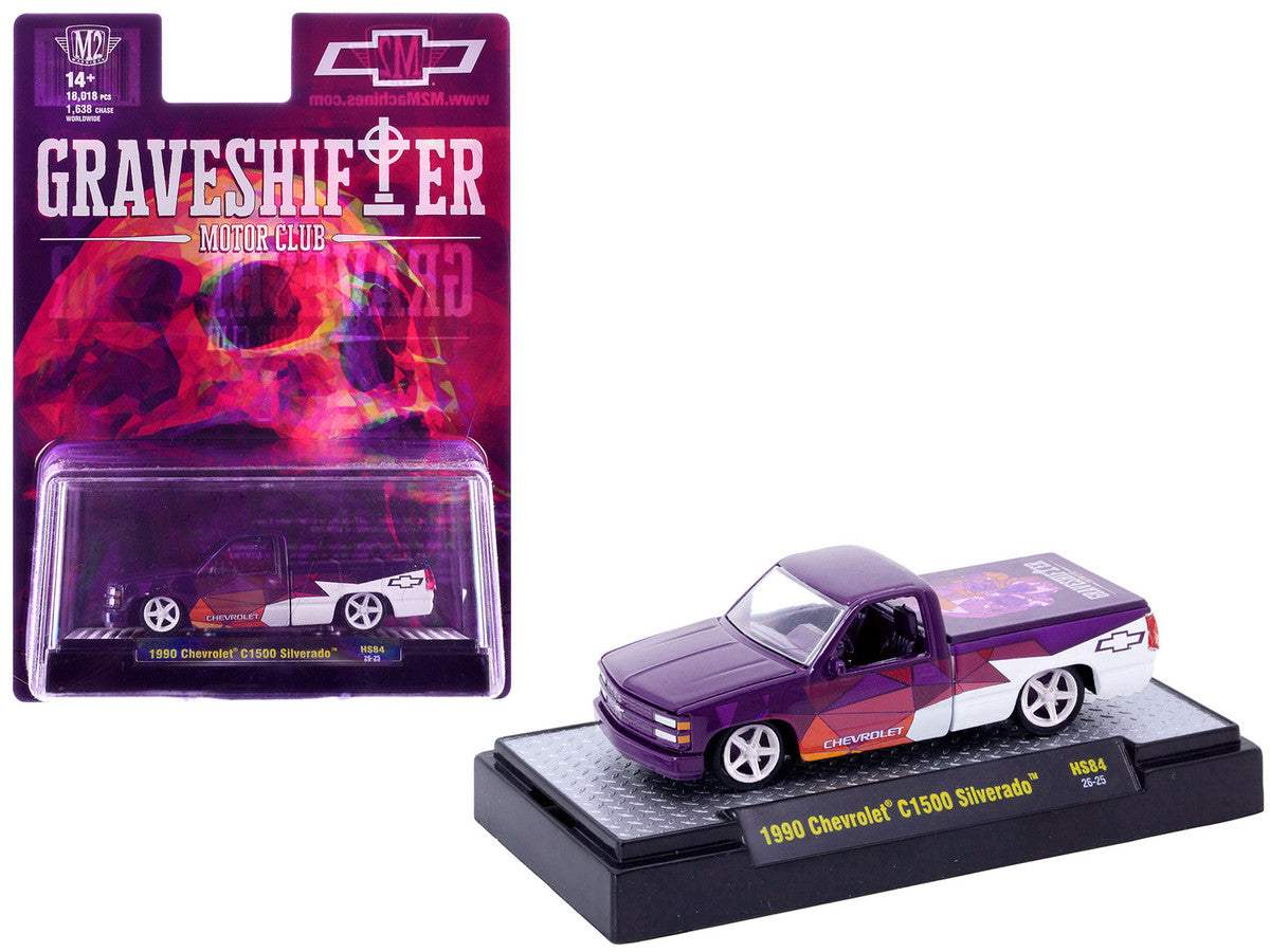 1990 Chevrolet C1500 Silverado Pickup Truck "Graveshifter Motor Club" Purple with Graphics and 3D Glasses Limited Edition to 18018 pieces Worldwide 1/64 Diecast Model Car