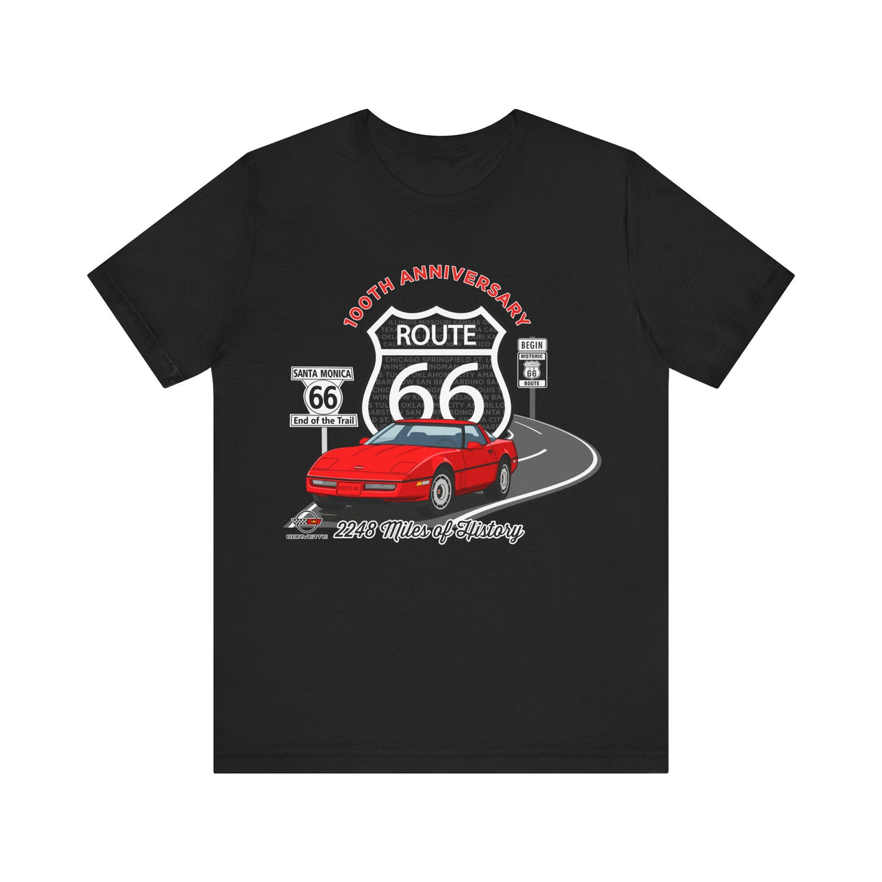 C4 Corvette Route 66 100th Anniversary Short Sleeve Tee – Legends of the Road, Perfect for the Corvette Fan