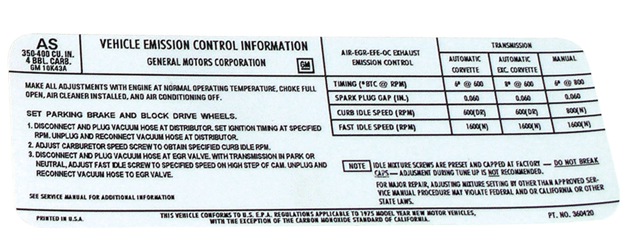 1975-1975 Corvette Decal. Emission L48 - CA-36415-Corvette-Store-Online