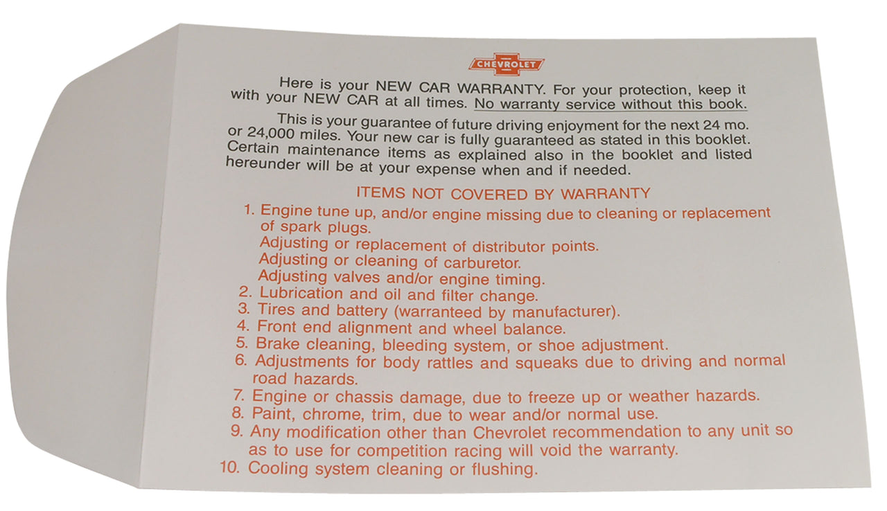1963-1964 Corvette Envelope. Warranty Book - CA-37044-Corvette-Store-Online
