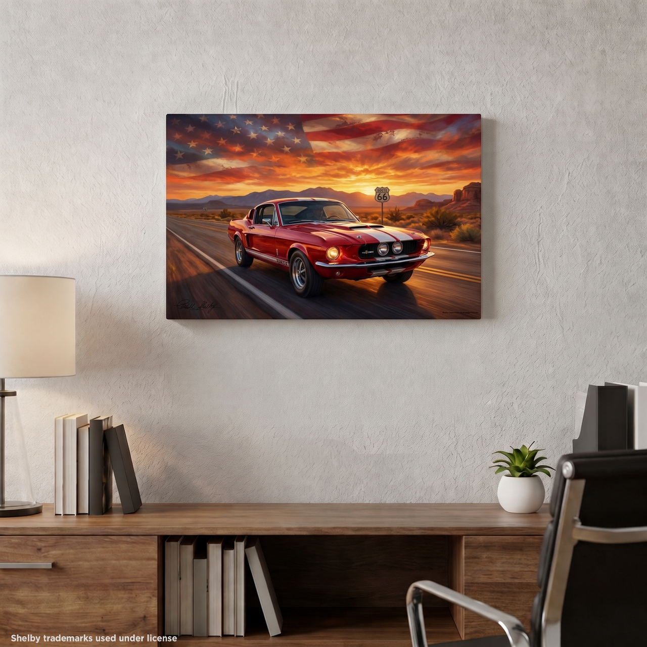 Carroll Shelby Red GT500 Sports Coupe Desert Highway American Flag Landscape Canvas Wall Art