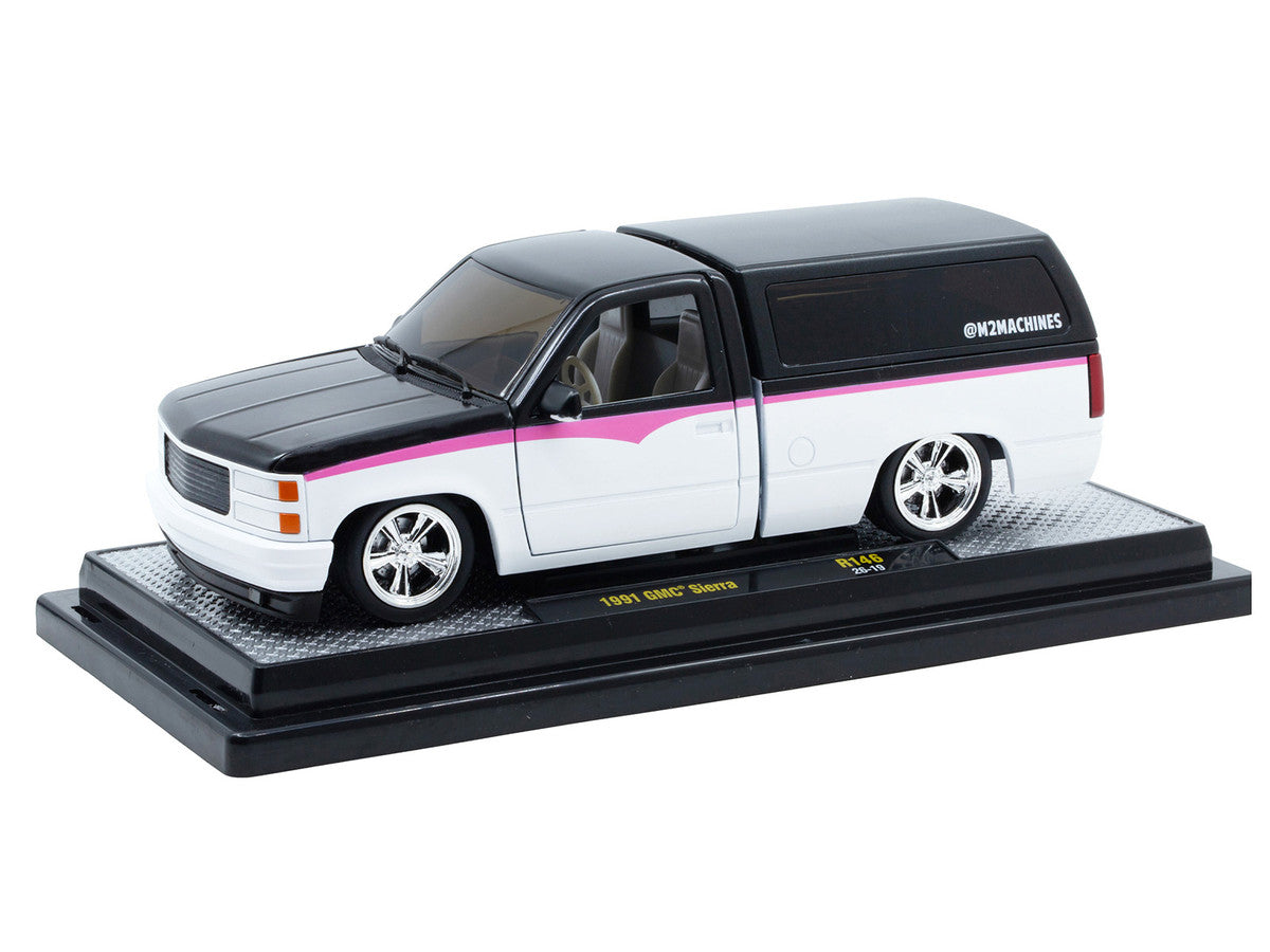 1991 GMC Sierra Pickup Truck with Camper Shell Black and White with Pink Stripes Limited Edition to 4850 pieces Worldwide 1/24 Diecast Model Car