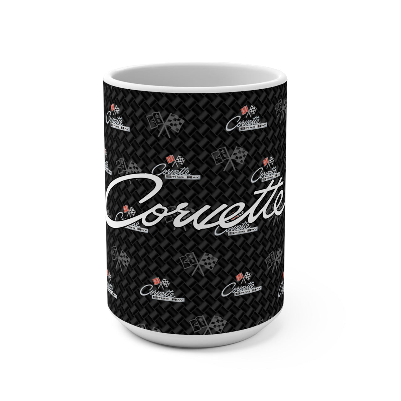 Corvette C2 15oz Ceramic Mug – Corvette Script & C2 Logos on Carbon Background