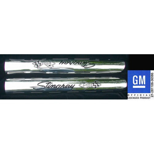 1963-1982 Corvette Stainless Steel Side Exhaust Heat Shields - Stingray Script W/Cross Flags - CA-57600-Corvette-Store-Online