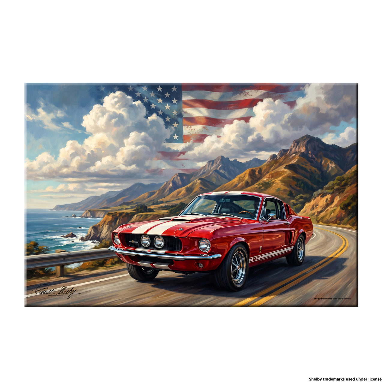 Carroll Shelby Red GT500 Sports Coupe Coastal Highway American Flag Canvas Wall Art