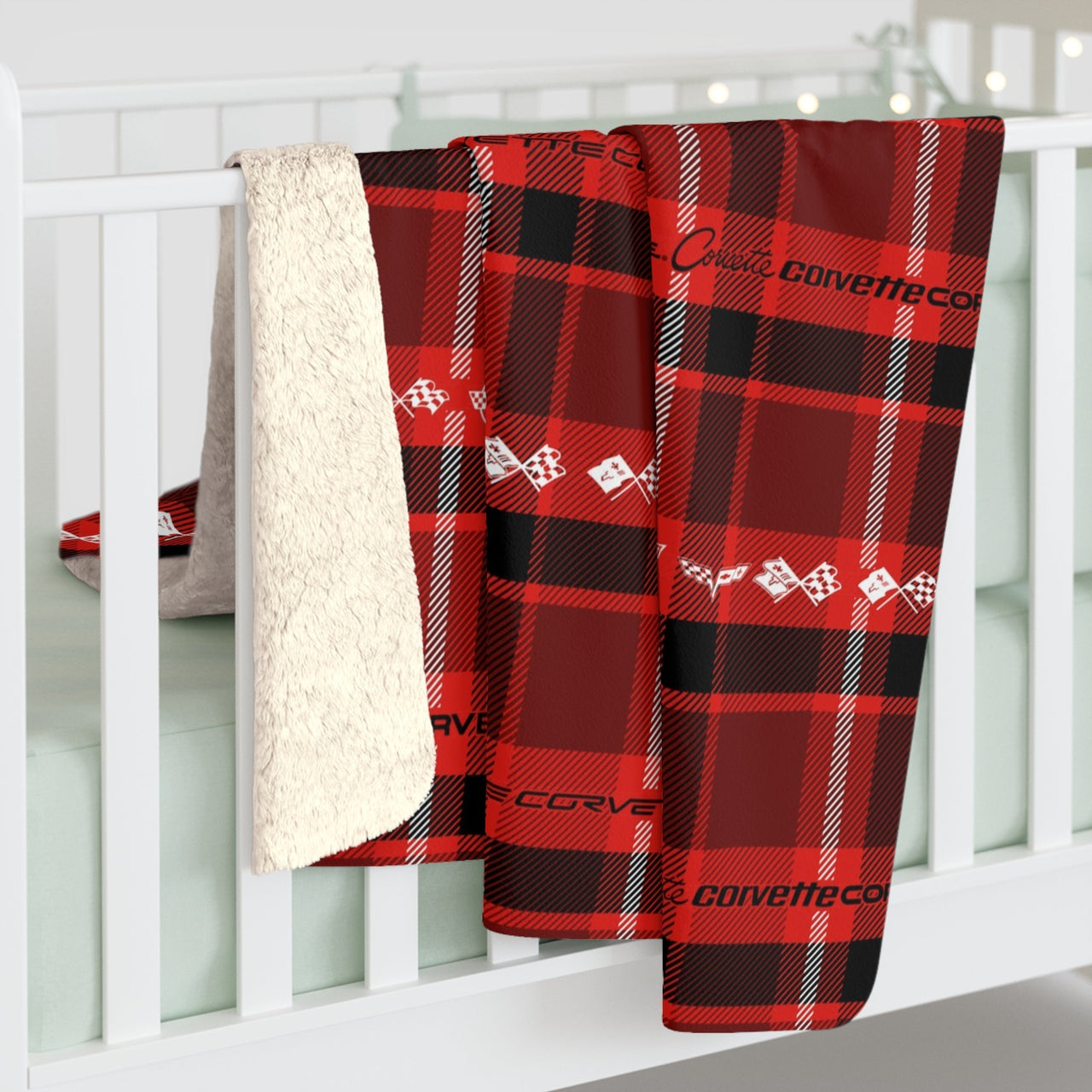 Corvette Generations Flags Logo and Script Personalized Plaid Pattern Sherpa Blanket, Perfect for Chilly Days