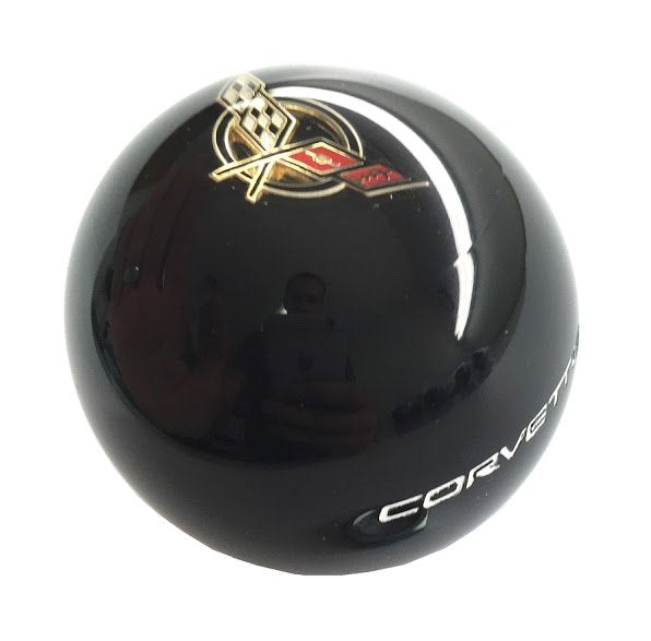 1997-2004 Corvette Shift Knob w/C5 Cross Flags & Side Corvette Script -Black/White - CA-75595-Corvette-Store-Online